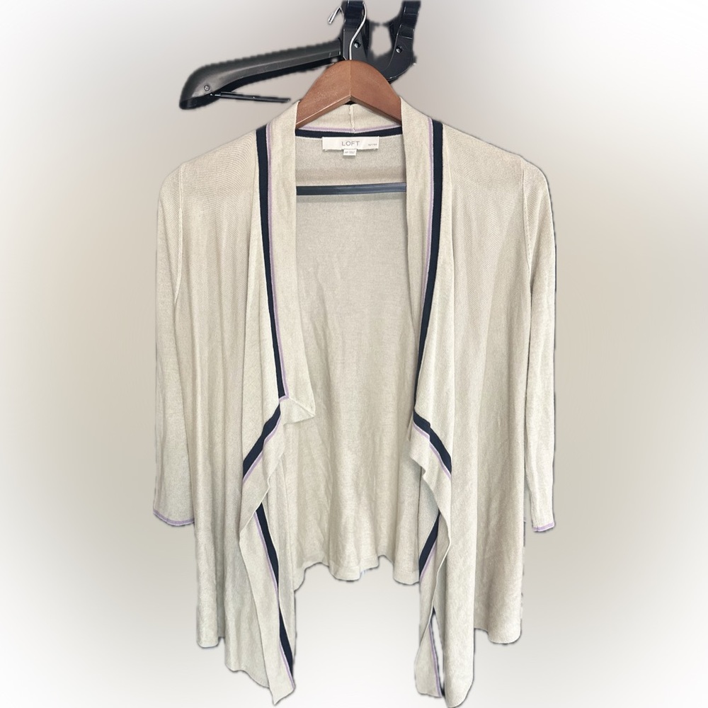 Ann Taylor LOFT Petites Open Front Cardigan | Women’s MP | Beige Cream with Trim